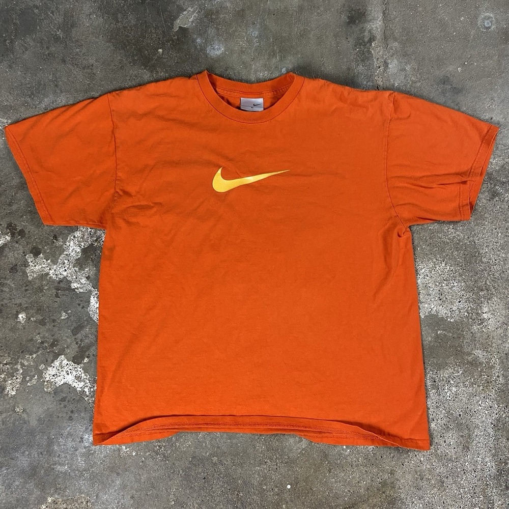 Nike T-Shirt Size Medium Orange Short Sleeve Yellow Center Swoosh Logo Athletic